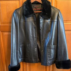 Anne Klein Black Leather Jacket with Faux Fur Trim